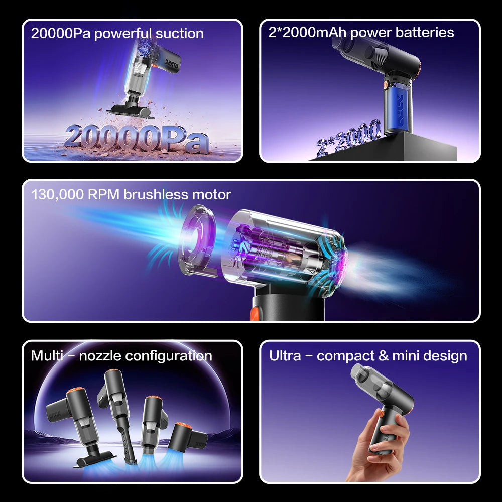 Mini Car Vacuum Cleaner 20000Pa, 130,000RPM Brushless Motor, 4000mAh Battery, Dual Nozzles for Car/Home/Keyboard & Vacuum Storag